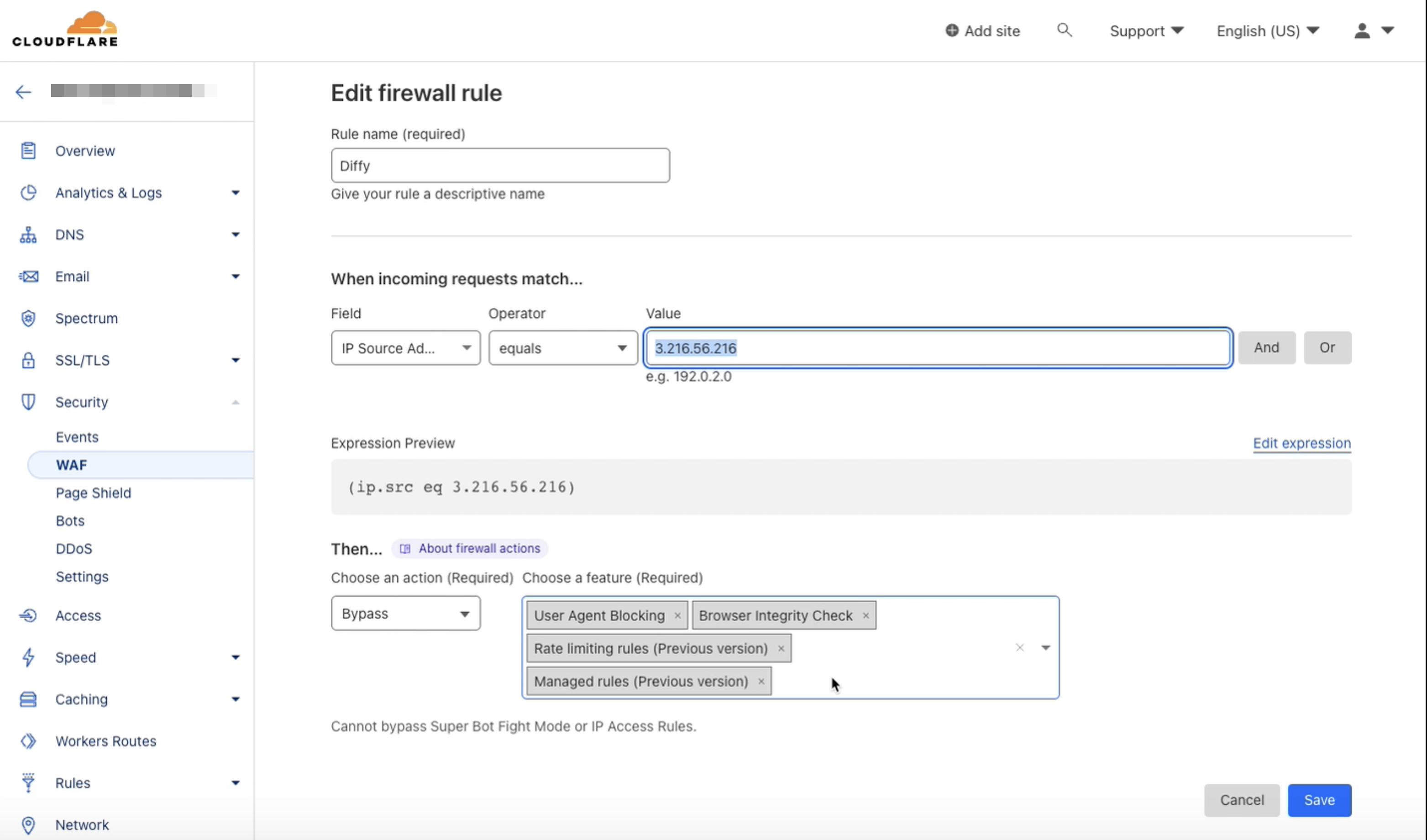 Diffy Cloudflare WAF rule