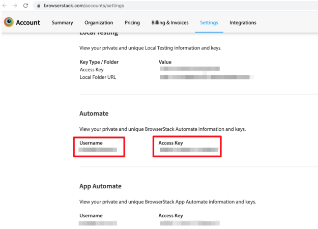 BrowserStack username accesskey